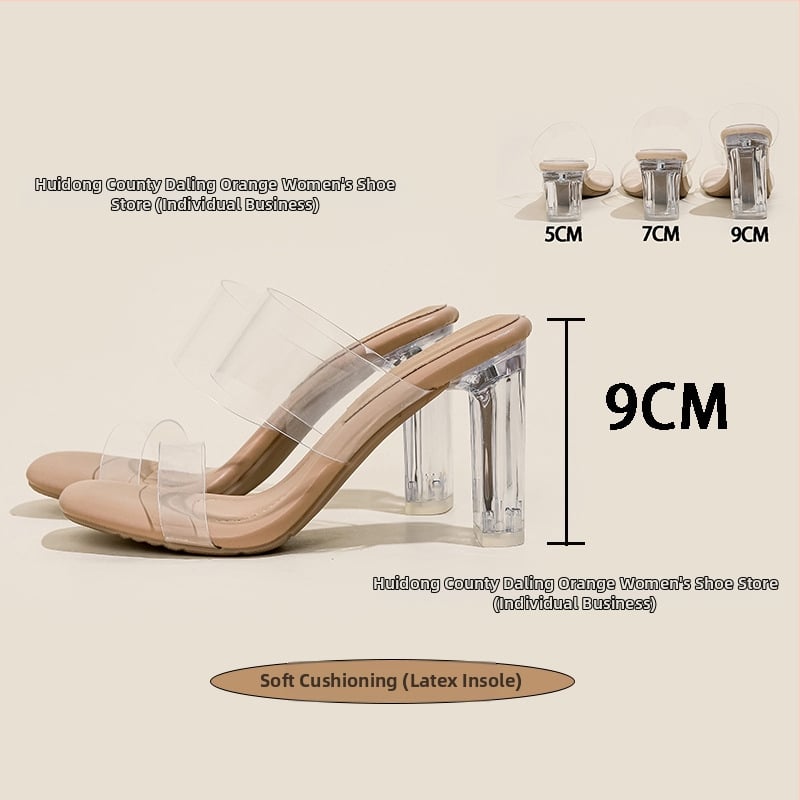 Прозрачни кристални сандали на висок ток, TPU горна част, квадратен нос, клин ток 3–6 см, гумена подметка