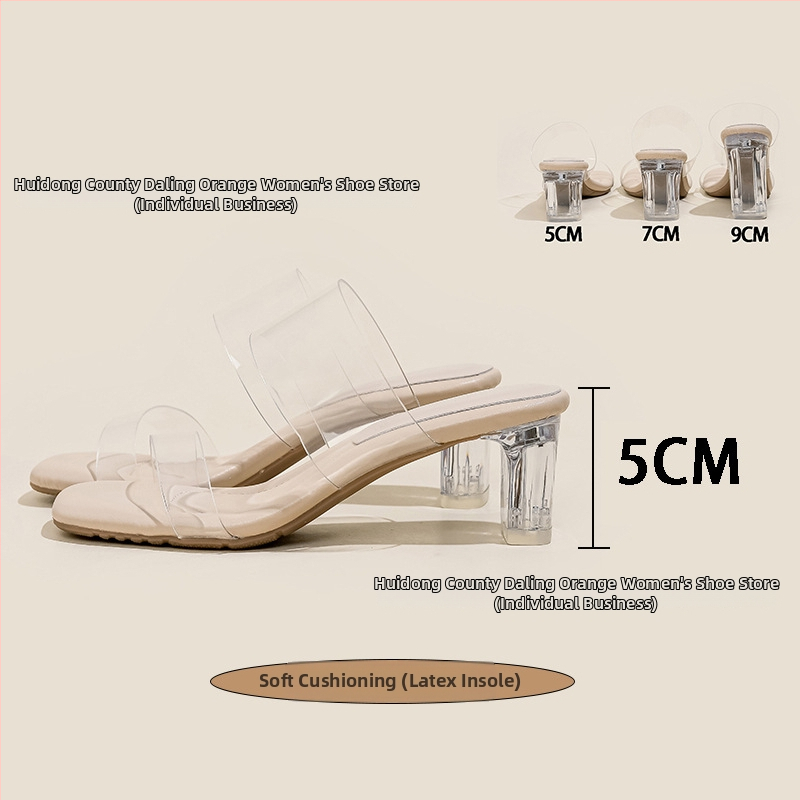 Прозрачни кристални сандали на висок ток, TPU горна част, квадратен нос, клин ток 3–6 см, гумена подметка