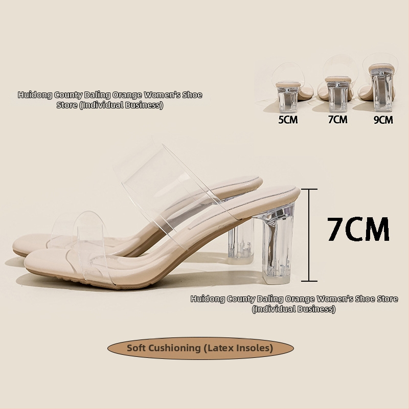 Прозрачни кристални сандали на висок ток, TPU горна част, квадратен нос, клин ток 3–6 см, гумена подметка