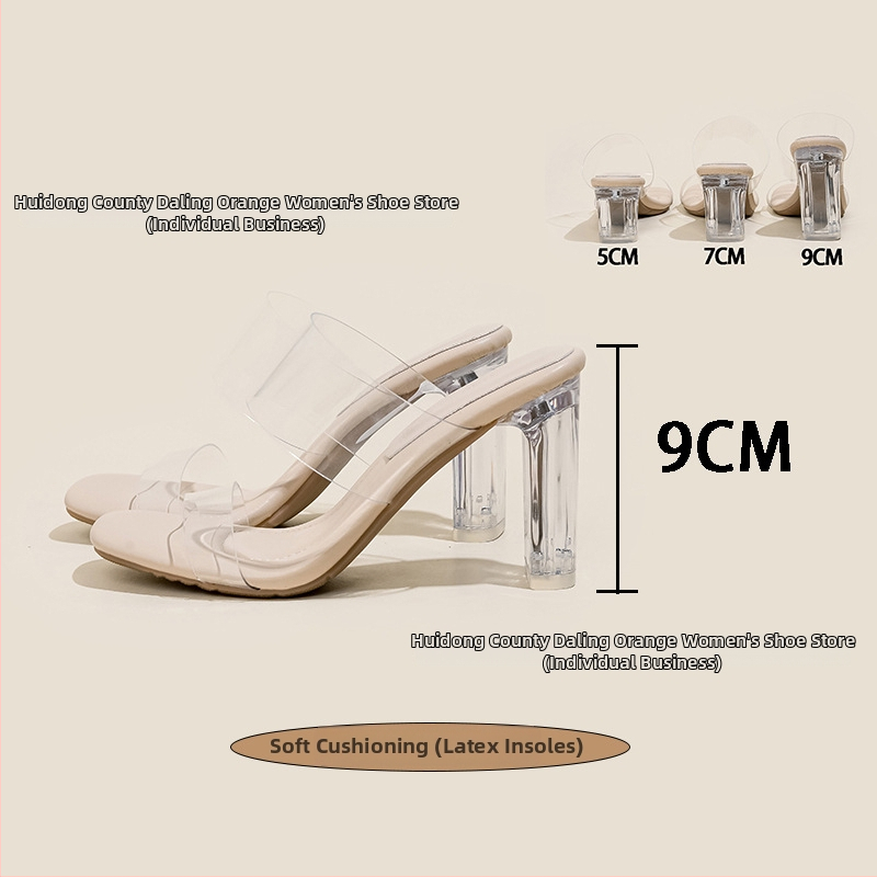 Прозрачни кристални сандали на висок ток, TPU горна част, квадратен нос, клин ток 3–6 см, гумена подметка