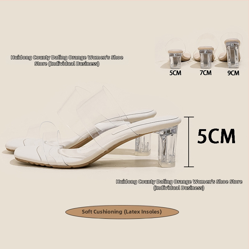 Прозрачни кристални сандали на висок ток, TPU горна част, квадратен нос, клин ток 3–6 см, гумена подметка