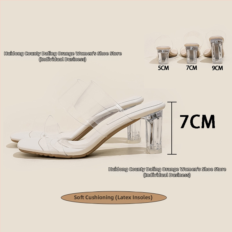 Прозрачни кристални сандали на висок ток, TPU горна част, квадратен нос, клин ток 3–6 см, гумена подметка