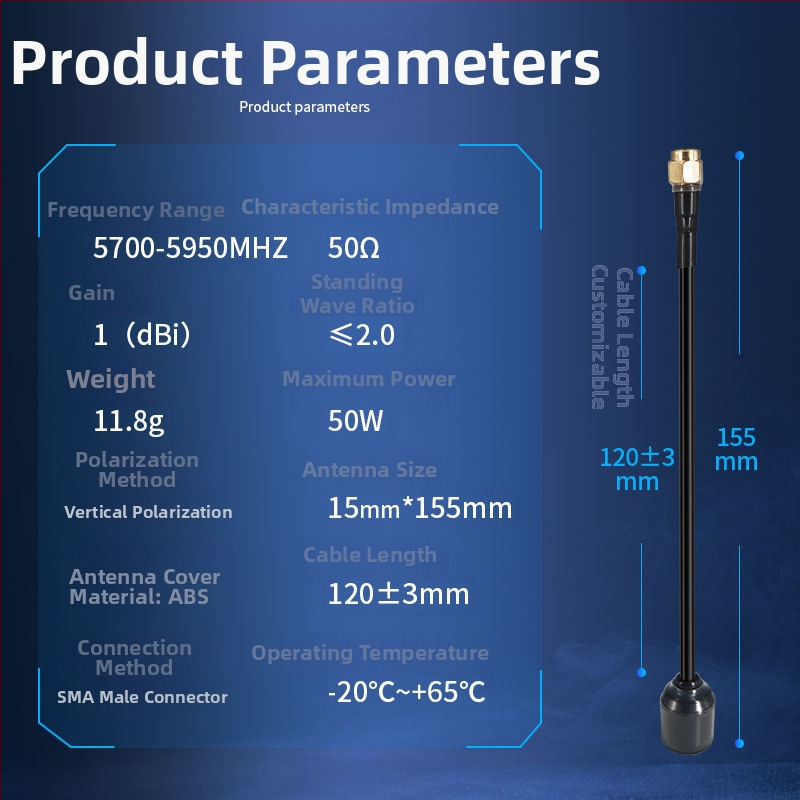 FPV antena dronam 5,8 GHz – maza sēņu formas augstas jaudas omni-direkcionāla antena, SMA savienotājs, kabelis 120 mm, 5700–5950 MHz