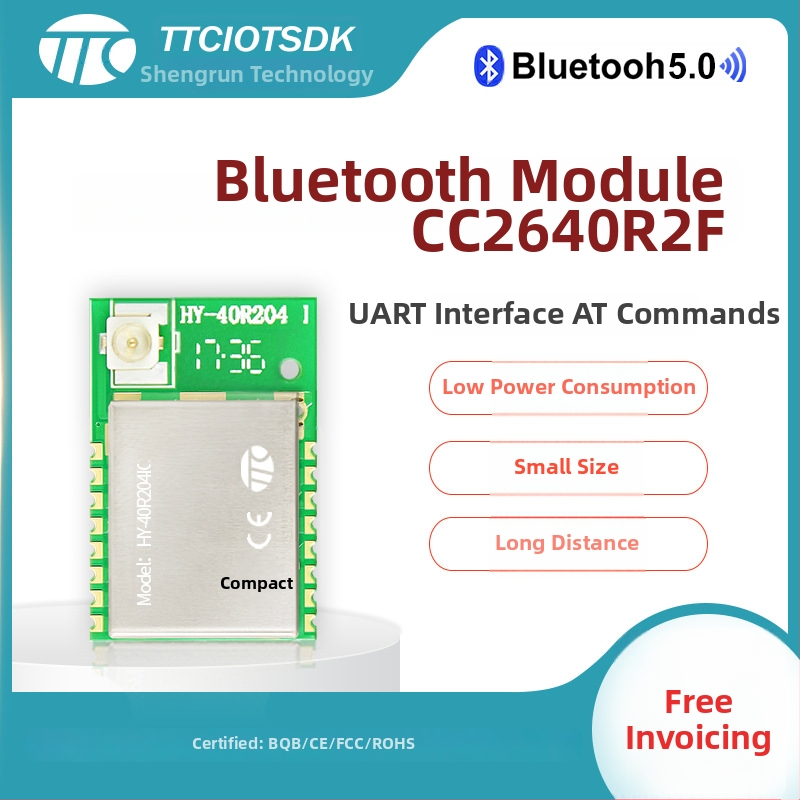CC2640R2 Bluetooth 5.0 caurspīdīgais pārraidzes modulis, 2402–2480 MHz, 2.4 GHz ISM, antenas savienojuma veidi: PCB/soft/IPEX/keramiska