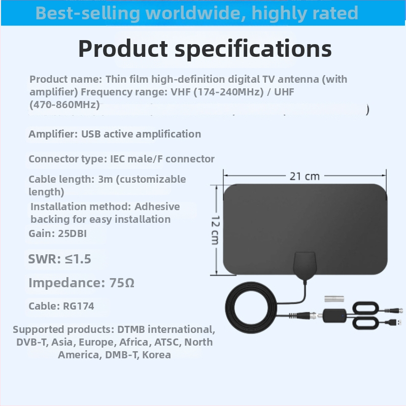 iekštelpu un āra digitālā TV antena ar DTMB, HDTV uztveri un pastiprinātāju