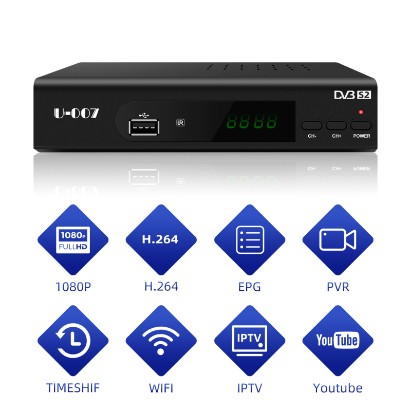 U-007 HD digitālais Set-Top Box ar DVB-S2/T2 dekoderu, četrkodolu, 1080p, 512MB RAM, USB/WiFi/HDMI, CE sertificēts