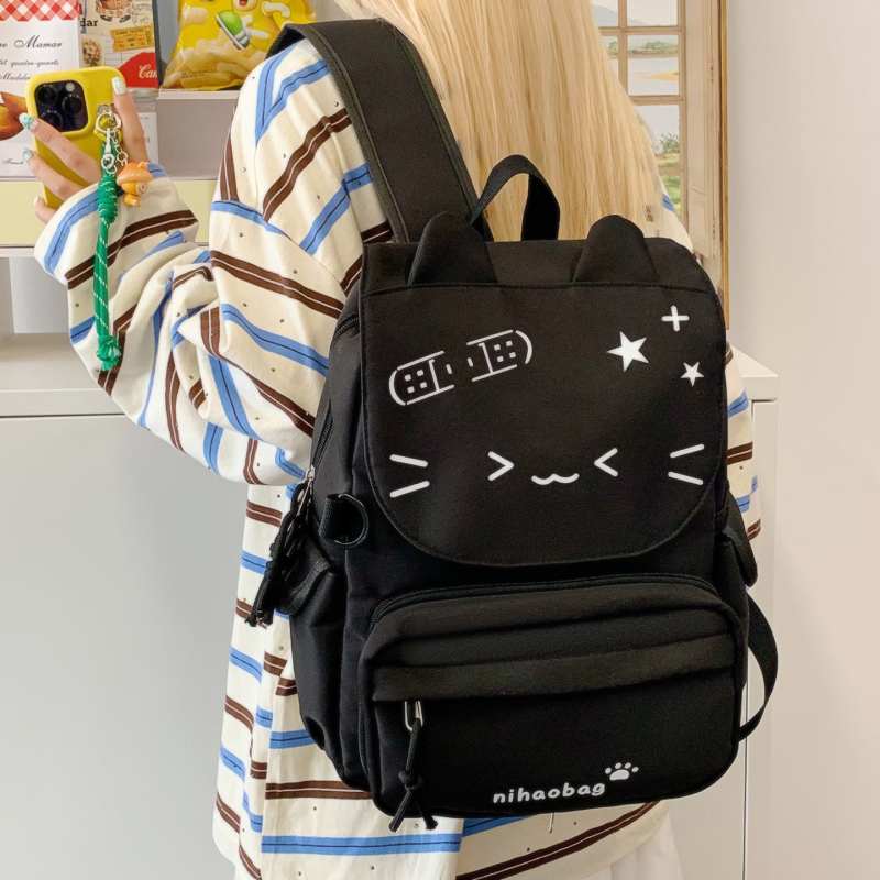 Skolas mugursoma studentiem – neilona āriene, anime karikatūru raksts, poliestera oderējums, elpojoša, unisex, vidusskolai un augstāk, jauniešu kampusa stils, ar divām siksnām