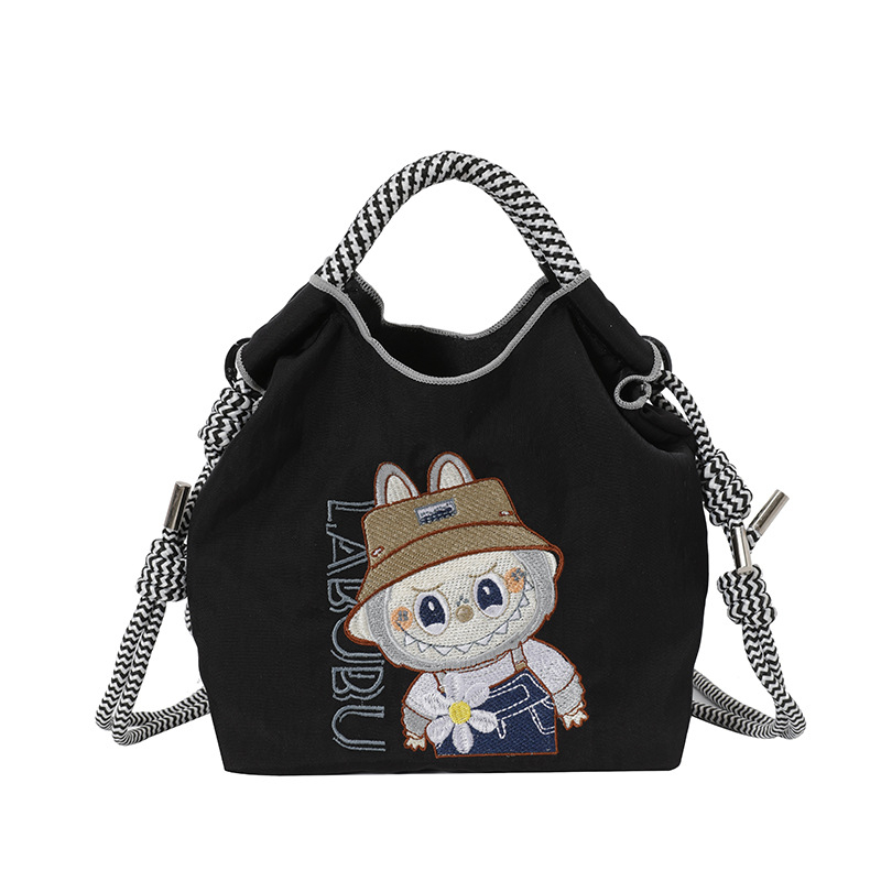 Geantă Ballchain cu broderie Labubu, crossbody cu deschidere în partea superioară, nylon, formă pătrată verticală, buzunar pentru telefon și documente, curea unică