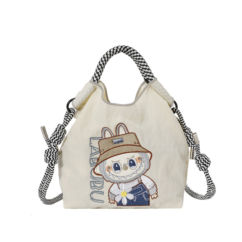 Geantă Ballchain cu broderie Labubu, crossbody cu deschidere în partea superioară, nylon, formă pătrată verticală, buzunar pentru telefon și documente, curea unică