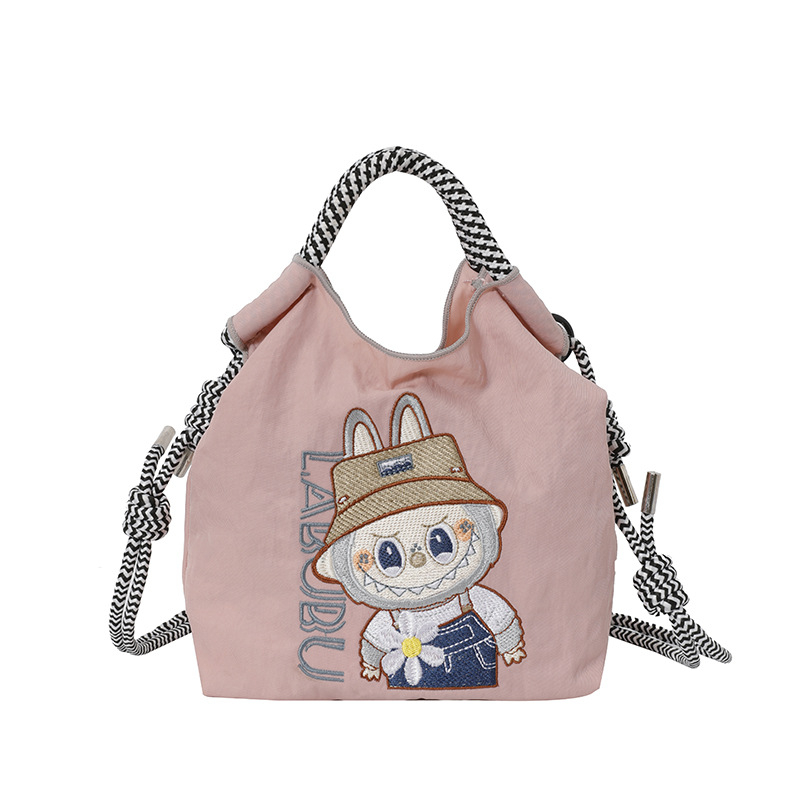 Geantă Ballchain cu broderie Labubu, crossbody cu deschidere în partea superioară, nylon, formă pătrată verticală, buzunar pentru telefon și documente, curea unică