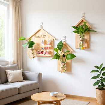 Vas de sticlă pentru tuburi de test în ramă din lemn — pentru montare pe perete, lucrat manual, suprafață lustruită, recipient hidroponic simplu și modern pentru plante