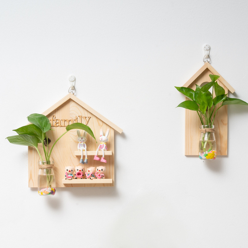 Vas de sticlă pentru tuburi de test în ramă din lemn — pentru montare pe perete, lucrat manual, suprafață lustruită, recipient hidroponic simplu și modern pentru plante