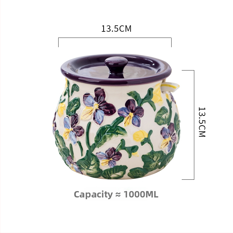 Reljefiska keramikas burka taukiem ar vāciņu, virtuvei čili eļļai