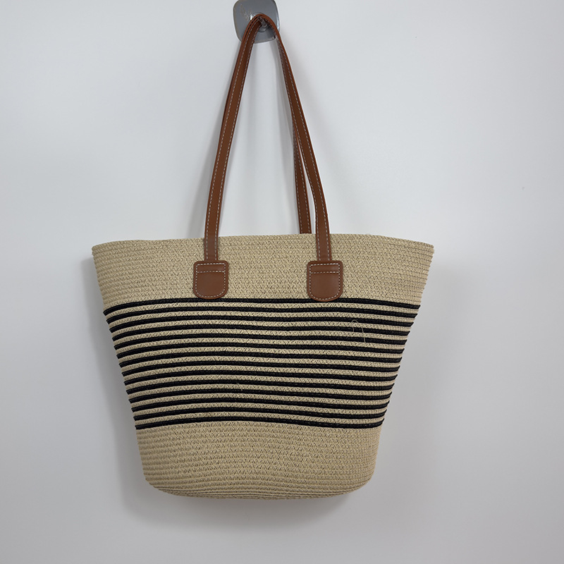 Geantă bucket din paie, stil minimalist și luxos, închidere cu fermoar, buzunar interior cu fermoar