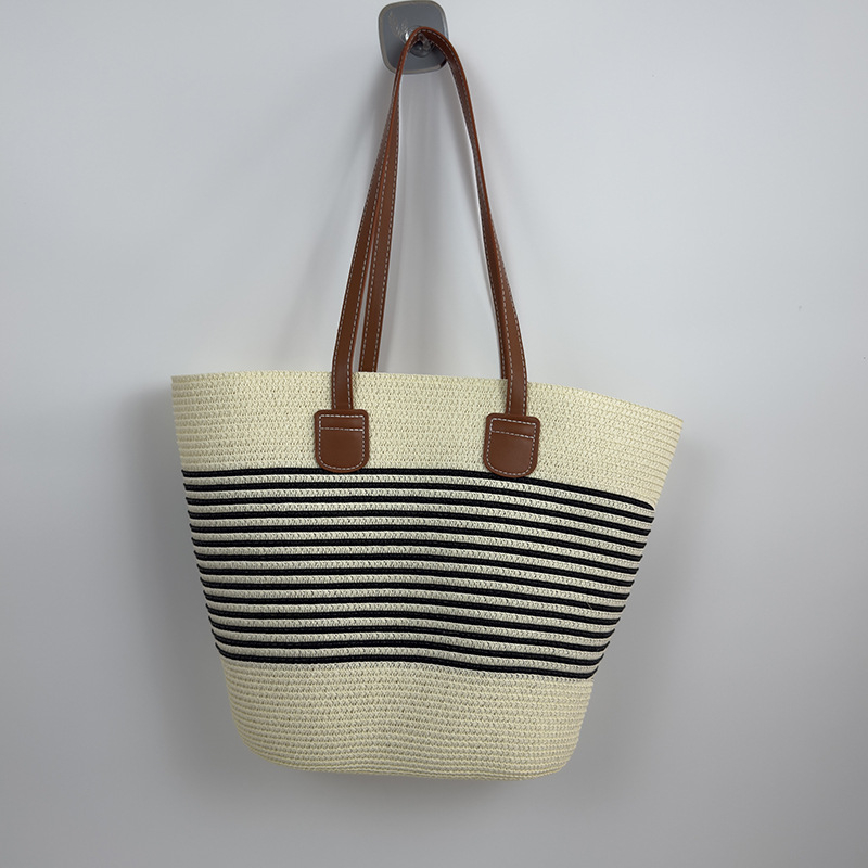 Geantă bucket din paie, stil minimalist și luxos, închidere cu fermoar, buzunar interior cu fermoar