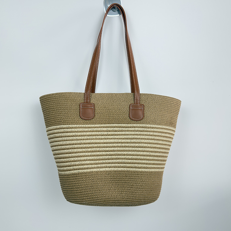 Geantă bucket din paie, stil minimalist și luxos, închidere cu fermoar, buzunar interior cu fermoar