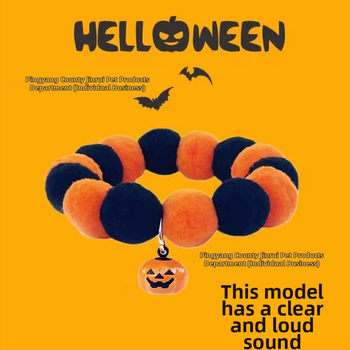 Halloween kaklasaite mājdzīvniekiem ar zvaniņu un mohair bumbiņu – kaķiem un suņiem, šalles stila kaklarota, universāla pielāgošana