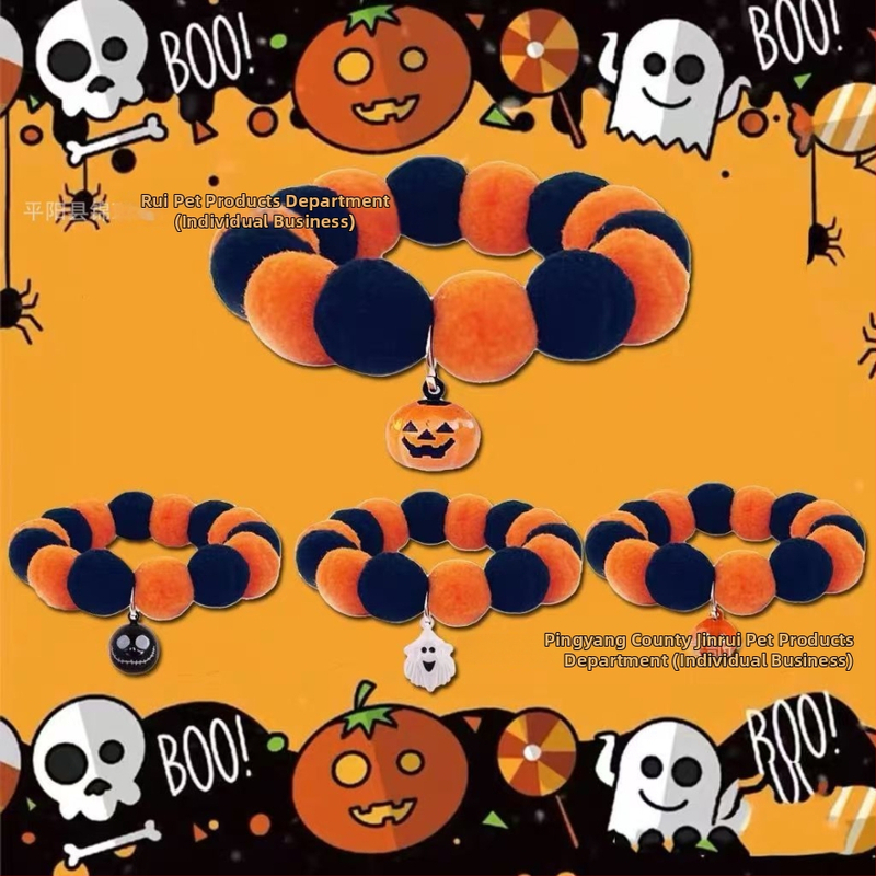 Halloween kaklasaite mājdzīvniekiem ar zvaniņu un mohair bumbiņu – kaķiem un suņiem, šalles stila kaklarota, universāla pielāgošana
