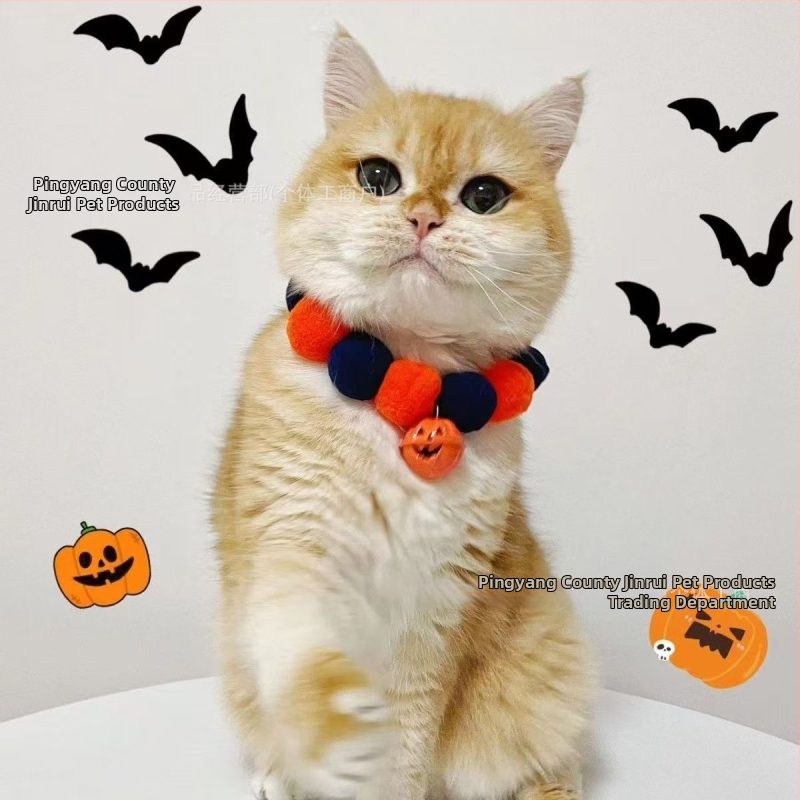 Halloween kaklasaite mājdzīvniekiem ar zvaniņu un mohair bumbiņu – kaķiem un suņiem, šalles stila kaklarota, universāla pielāgošana