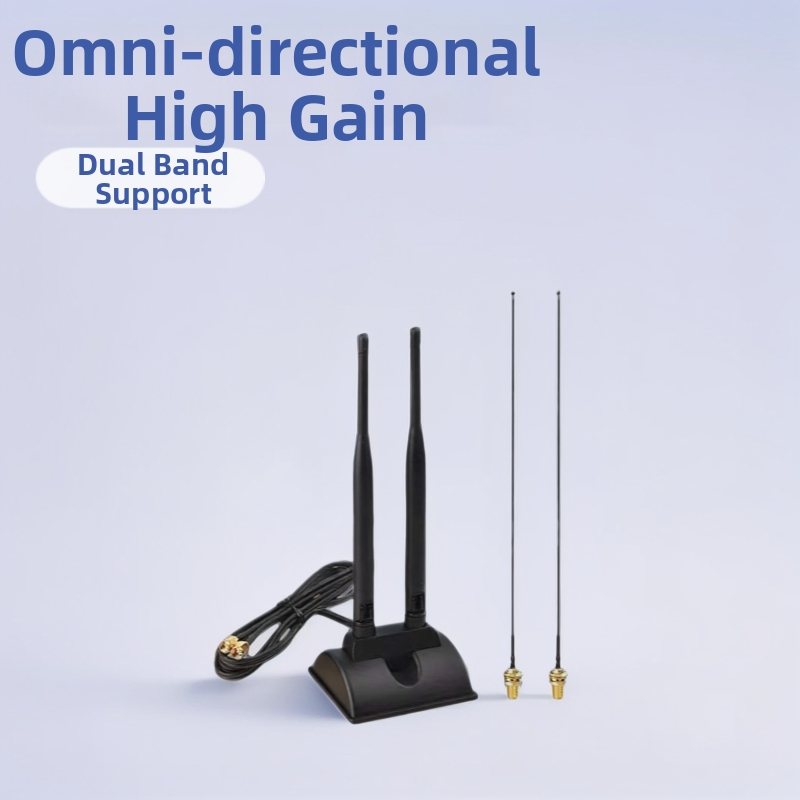 WiFi antena maršrutētājam — omni-direkcionāla, augsts ieguvums, divkanālu 2.4/5 GHz, dubulti vakuuma stiprinājumi, HCY
