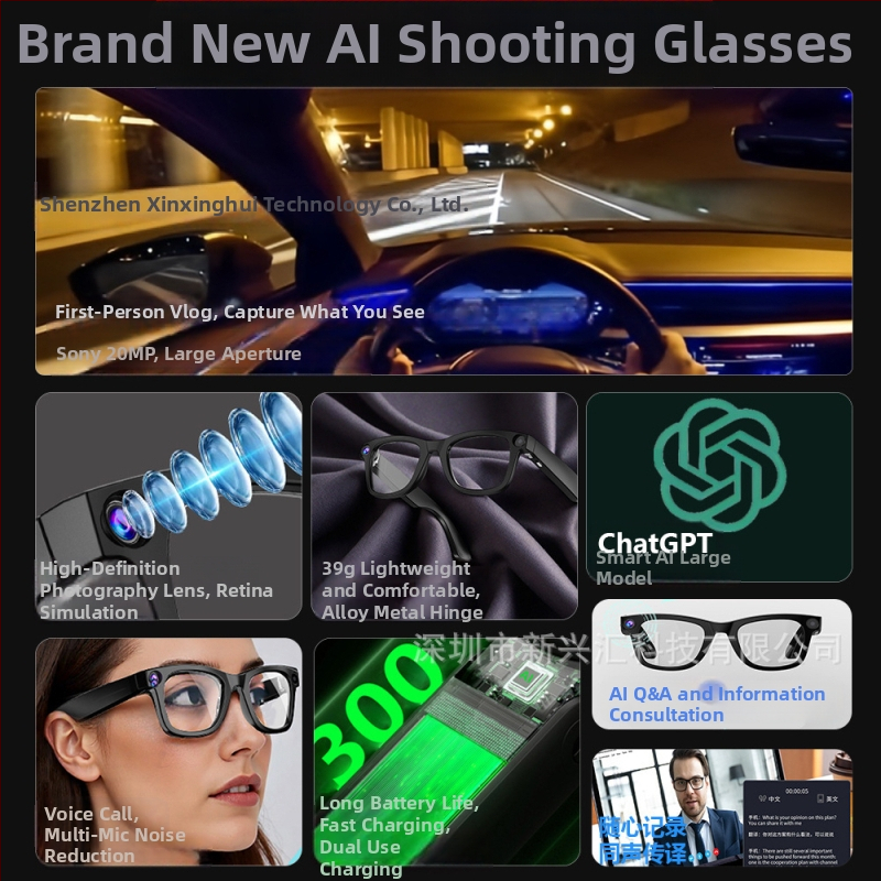 Elektrochromatické inteligentné okuliare s kamerou – 8 MP, 300 mAh, 35 g, nosenie na hlave, rám TR90 a kovové nožičky z nehrdzavejúcej ocele.