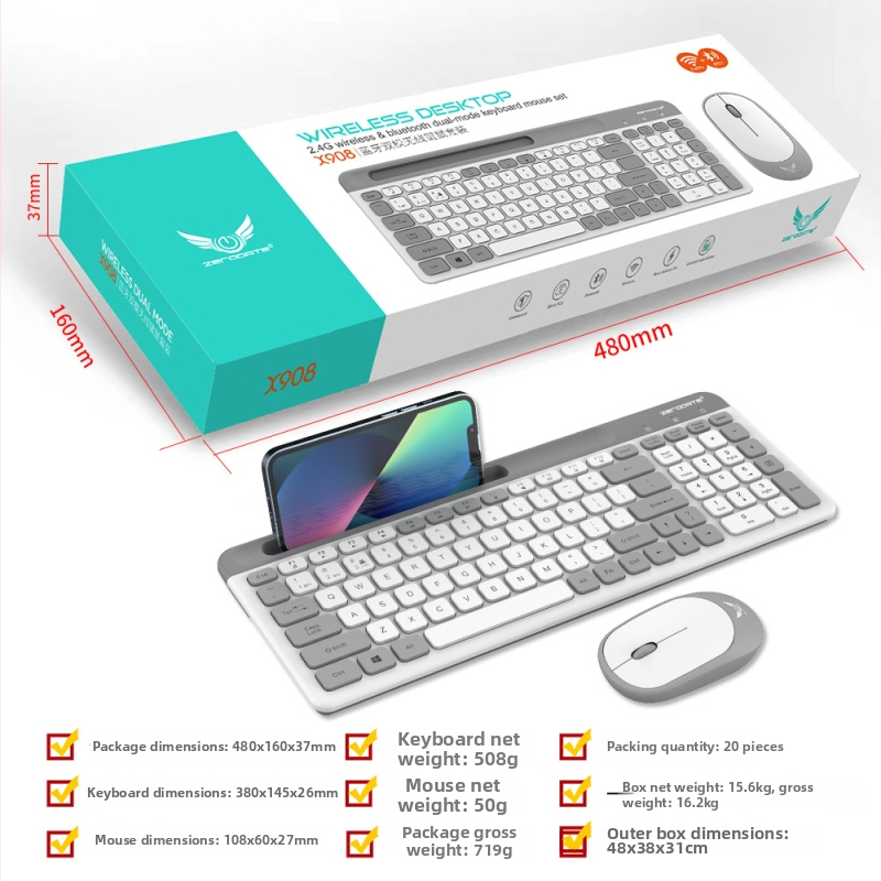 X908 Bluetooth bezdrôtý set klávesnice a myši — 1200 DPI, ergonomický dizajn, Bluetooth pre klávesnicu a myš