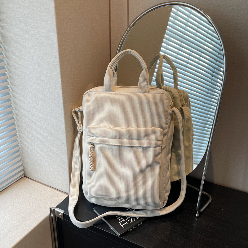 Corduroy torba za računalo za studentice, crossbody s vertikalnim pretincem za dokumente i pretincom za tablet, gradski minimalistički stil