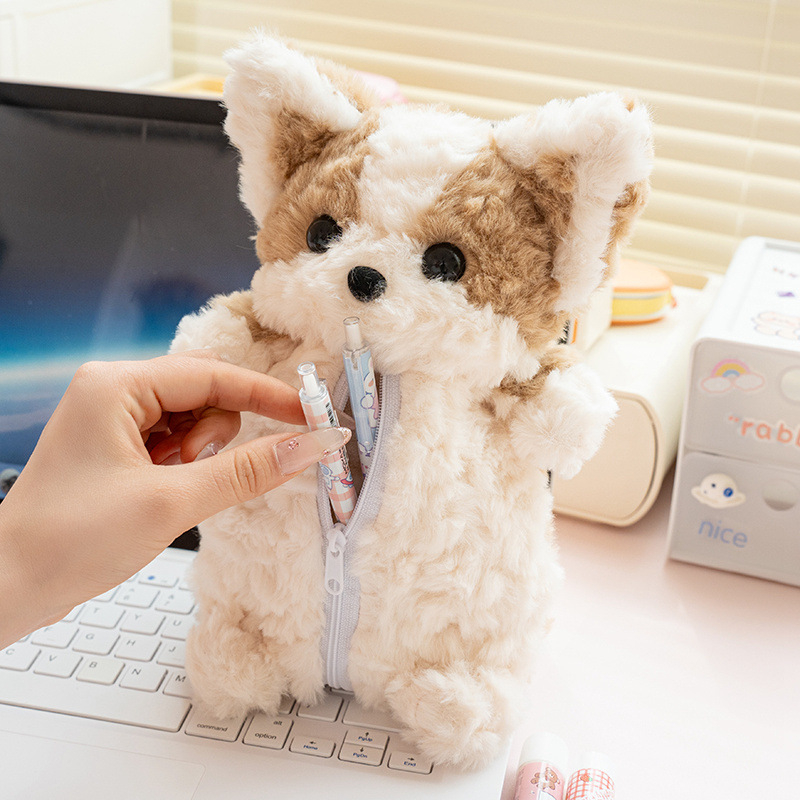 Kutija za olovke s plišanim Corgijem – crtani stil, poliester, unisex