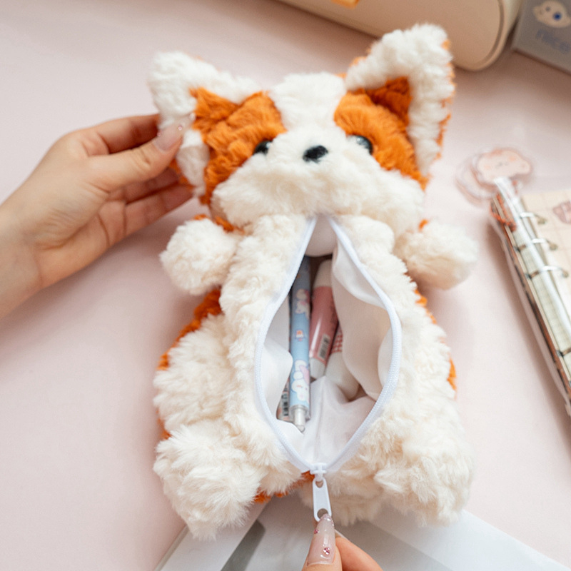Kutija za olovke s plišanim Corgijem – crtani stil, poliester, unisex