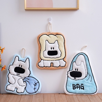 Rankšluostis iš koralų velūro, kabantis dizainas, siuvinėtas, pritaikomas, mielas šuniukas motyvas, 30–50 g