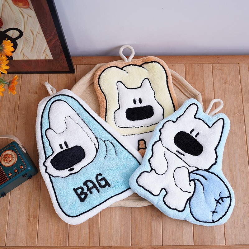 Rankšluostis iš koralų velūro, kabantis dizainas, siuvinėtas, pritaikomas, mielas šuniukas motyvas, 30–50 g