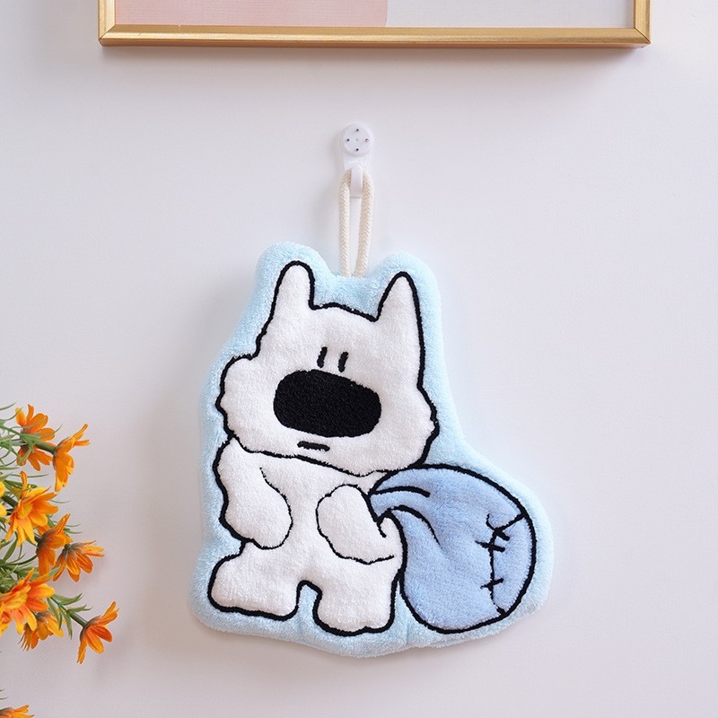 Rankšluostis iš koralų velūro, kabantis dizainas, siuvinėtas, pritaikomas, mielas šuniukas motyvas, 30–50 g