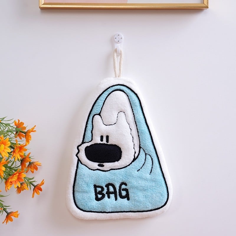 Rankšluostis iš koralų velūro, kabantis dizainas, siuvinėtas, pritaikomas, mielas šuniukas motyvas, 30–50 g