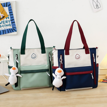 Geantă de școală din canvas, model color-block, capacitate mare, căptușeală poliester, stil urban simplu, unisex pentru elevi gimnaziu-liceu