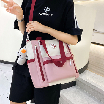 Geantă de școală din canvas, model color-block, capacitate mare, căptușeală poliester, stil urban simplu, unisex pentru elevi gimnaziu-liceu