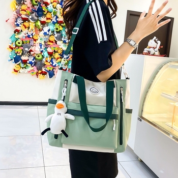 Geantă de școală din canvas, model color-block, capacitate mare, căptușeală poliester, stil urban simplu, unisex pentru elevi gimnaziu-liceu