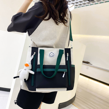 Geantă de școală din canvas, model color-block, capacitate mare, căptușeală poliester, stil urban simplu, unisex pentru elevi gimnaziu-liceu