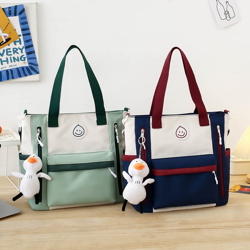 Geantă de școală din canvas, model color-block, capacitate mare, căptușeală poliester, stil urban simplu, unisex pentru elevi gimnaziu-liceu