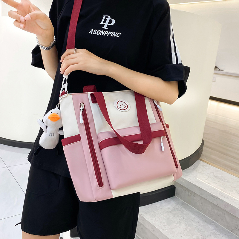 Geantă de școală din canvas, model color-block, capacitate mare, căptușeală poliester, stil urban simplu, unisex pentru elevi gimnaziu-liceu