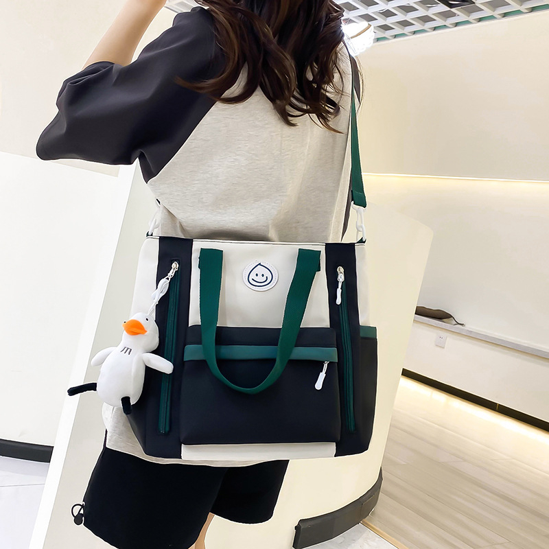 Geantă de școală din canvas, model color-block, capacitate mare, căptușeală poliester, stil urban simplu, unisex pentru elevi gimnaziu-liceu