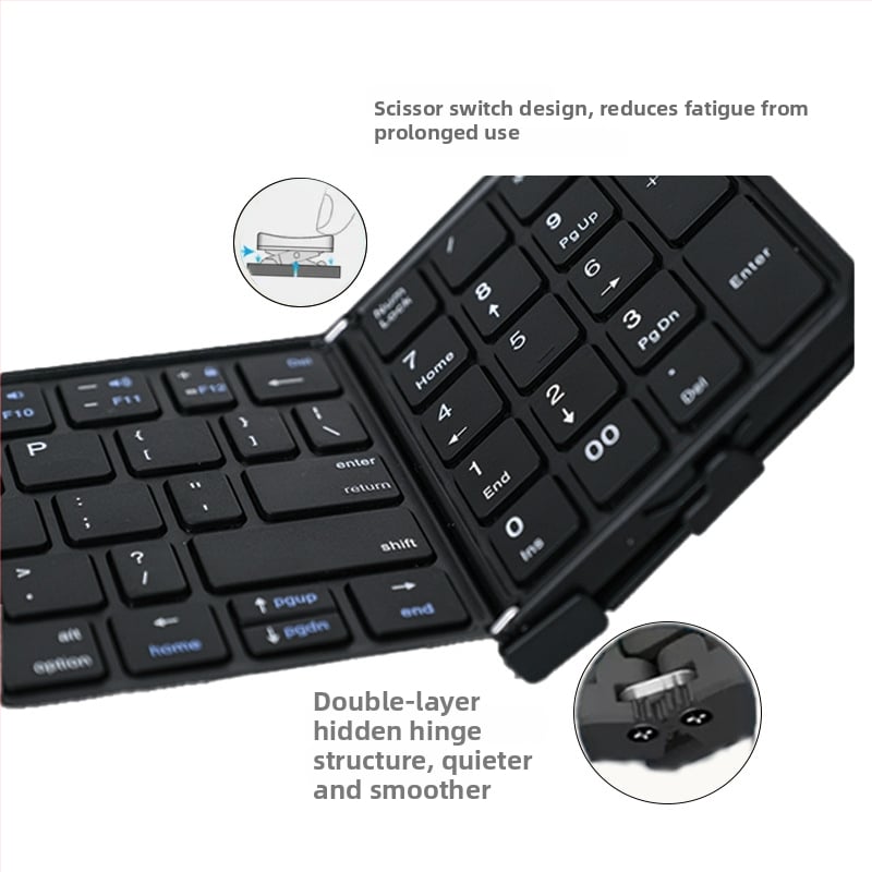 Sklopná Bluetooth klávesnica s numerickou klávesnicou pre telefóny a tablety; Bluetooth 5.1; viac ako 98 kláves; pripojí sa k trom zariadeniam súčasne; ABS telo