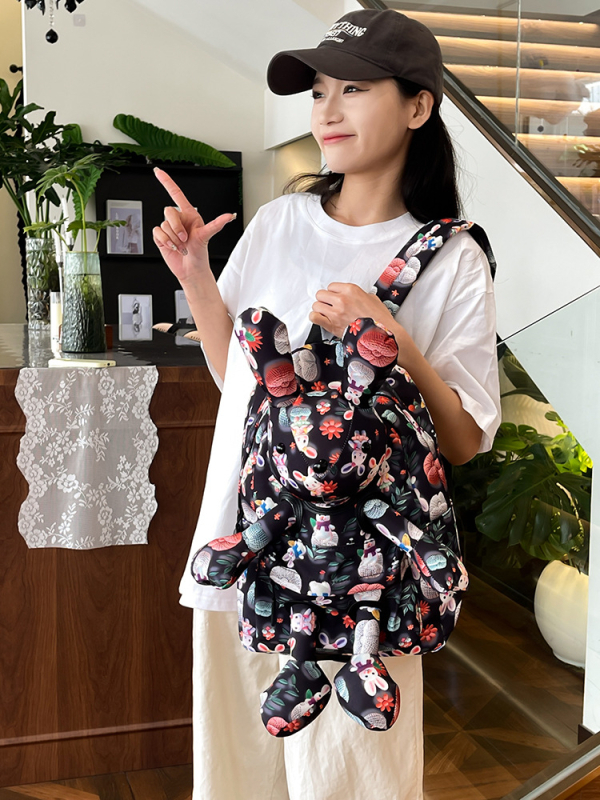 Ghiozdan școlar cu iepuraș desenat, imprimeu animal, exterior din nailon cu căptușeală din poliester, unisex pentru gimnaziu și peste