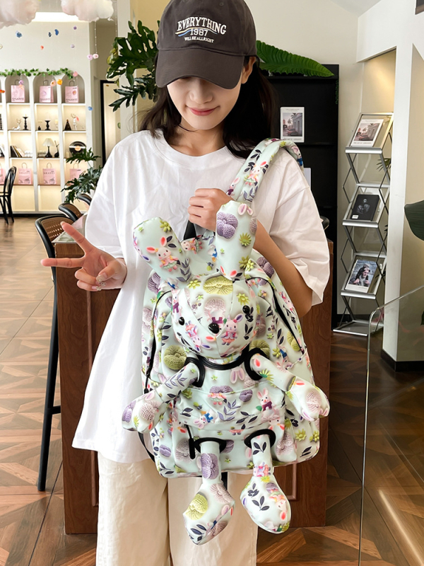 Ghiozdan școlar cu iepuraș desenat, imprimeu animal, exterior din nailon cu căptușeală din poliester, unisex pentru gimnaziu și peste