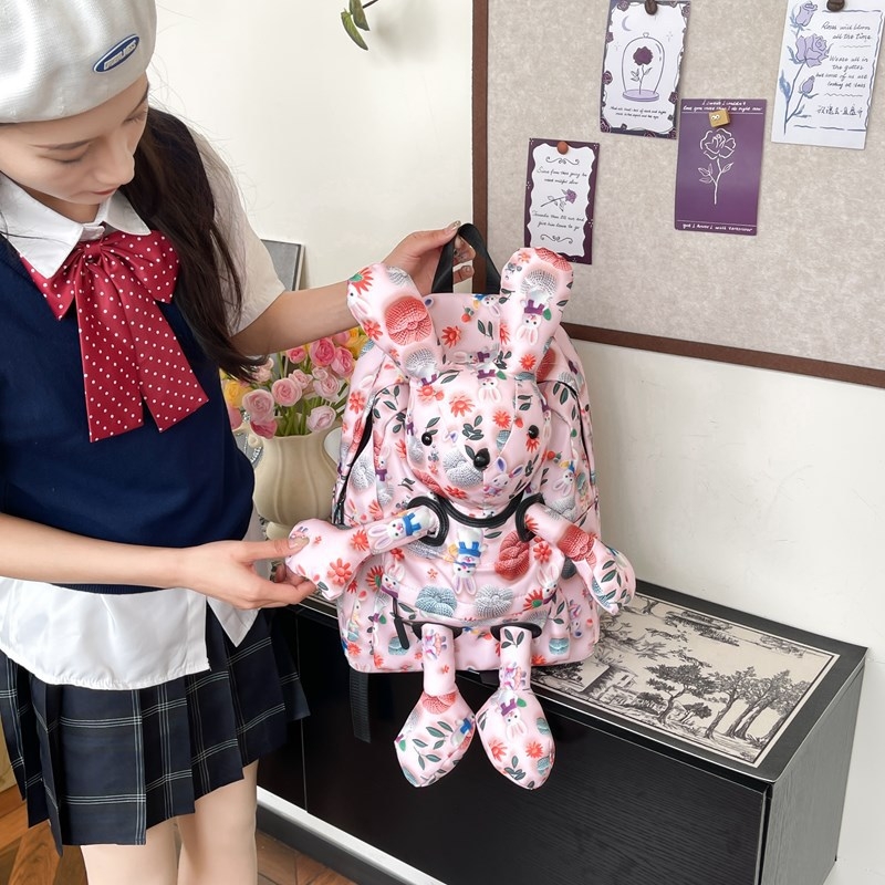 Ghiozdan școlar cu iepuraș desenat, imprimeu animal, exterior din nailon cu căptușeală din poliester, unisex pentru gimnaziu și peste