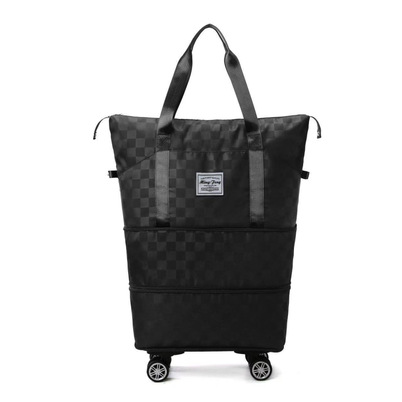 Geantă de voiaj cu roți, extensie cu două straturi și compartiment uscat/umed, impermeabil, material Oxford, model în carouri