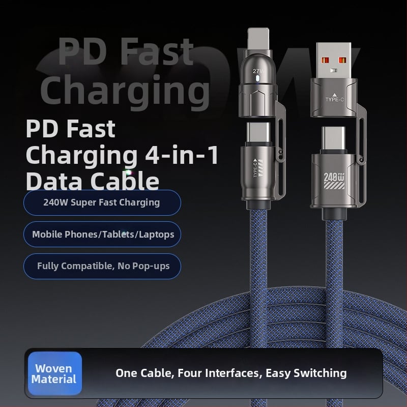4-u-1 kabel za brzo punjenje i prijenos podataka - PD 240W, Lightning i USB-C, kompatibilan s Apple 16/17, Huawei, Android tabletima i prijenosnim računalima