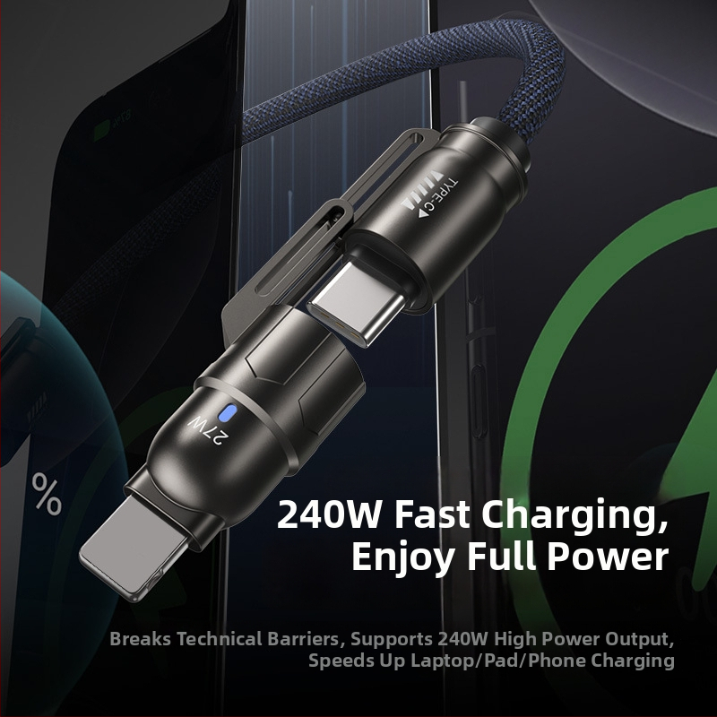 4-u-1 kabel za brzo punjenje i prijenos podataka - PD 240W, Lightning i USB-C, kompatibilan s Apple 16/17, Huawei, Android tabletima i prijenosnim računalima