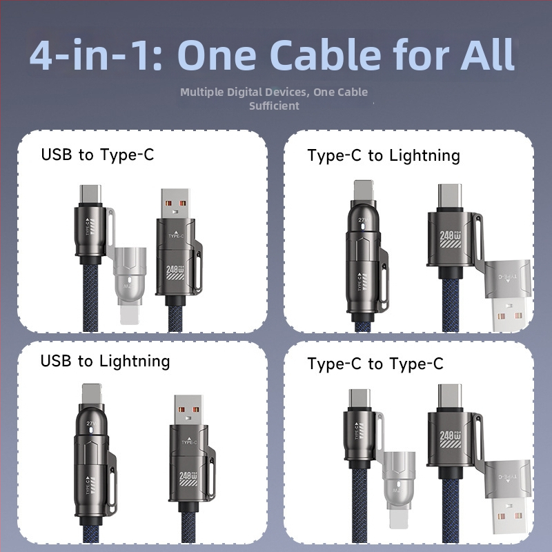 4-u-1 kabel za brzo punjenje i prijenos podataka - PD 240W, Lightning i USB-C, kompatibilan s Apple 16/17, Huawei, Android tabletima i prijenosnim računalima