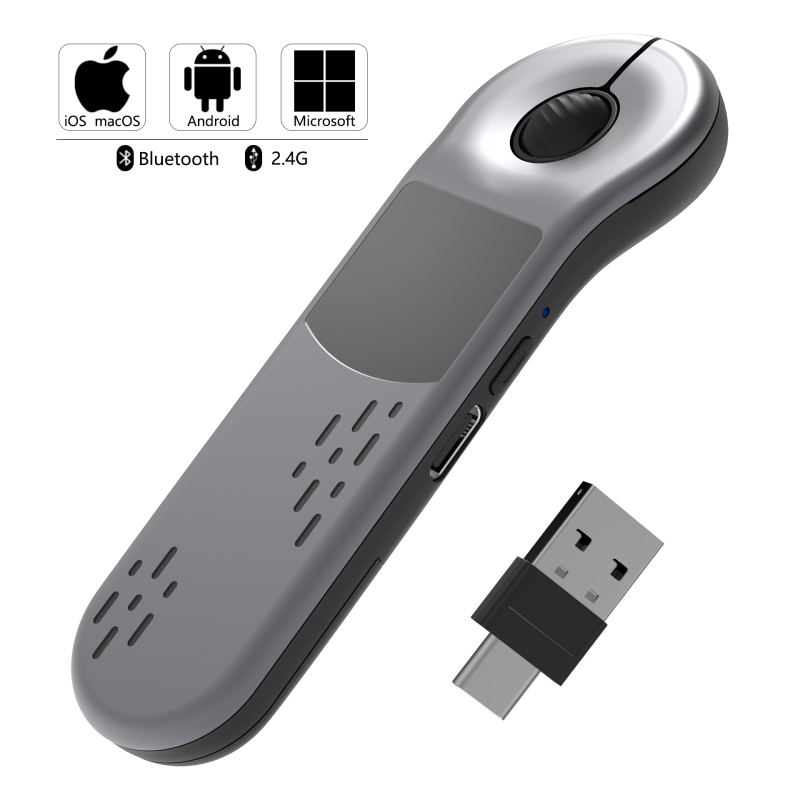 Bezvadu Bluetooth tālvadības pults PPT lapu pārvēršanai un peli vadīšanai; darbība: pieskāriens + pogu; Bluetooth interfeiss; 10 m diapazons; 150 mAh akumulator; modelis D13