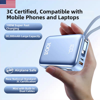Išorinė baterija 20000 mAh su 45W greitu įkrovimu, įmontuoti kabeliai, Li‑polimerų ličio baterija, 3C sertifikatas